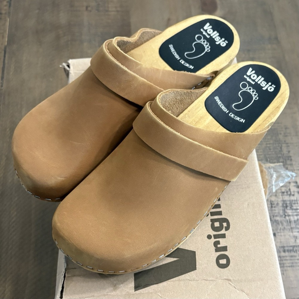 Vollsjo Tan Suede Wood Clogs Womens Size EU 39 US 9 NEW